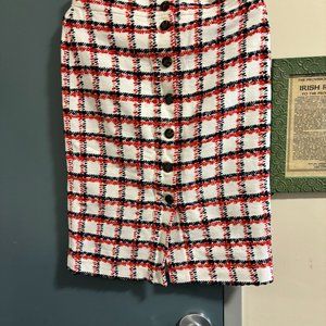 NWT, Ann Taylor Red, White and Blue Tweed Button Pencil Skirt, Size 10.